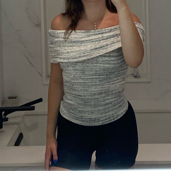 Express White and Gray Off the Shoulder Sweater - Picture 1 of 4